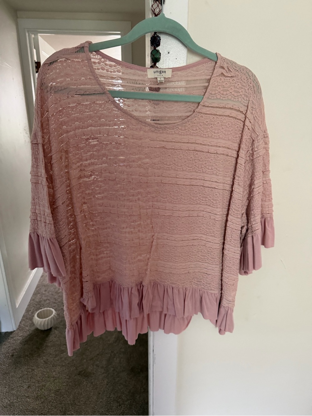 Umgee Dusty Pink Lace Knit Ruffle Trim Blouse